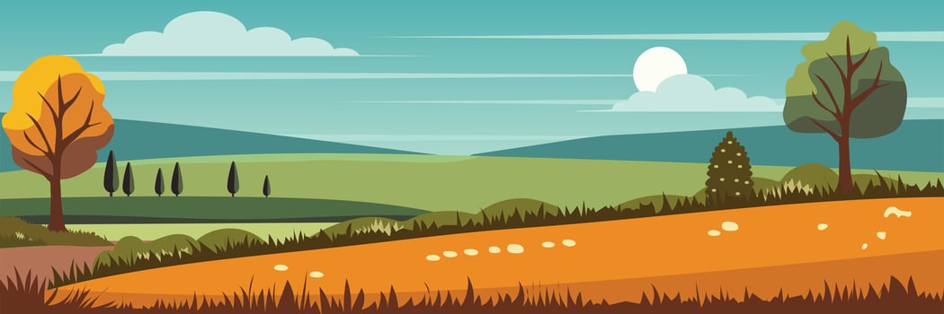 Flat Autumn landscape. Vector countryside illustratiom with woods, herbs and road