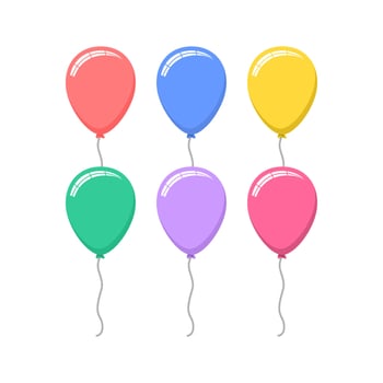 Balloon in cartoon style. Bunch of balloons for birthday and party. Flying ballon with rope. Blue, red, yellow and green ball isolated on white background. Flat icon for celebrate and carnival. Vector