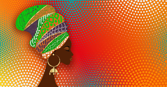 Banner of beautiful African woman  in traditional turban tribal motifs, Kente head wrap, African Traditional black women vector silhouette isolated on colorful Halftone African Print fabric background