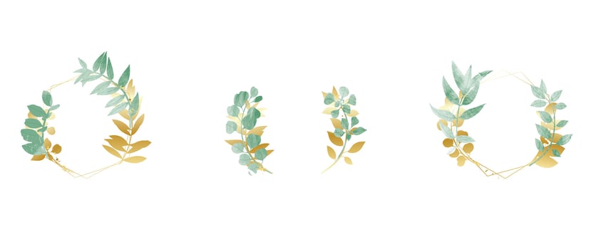 Luxury botanical gold wedding frame elements collection. Set of polygon, circle, glitters, leaf branches, eucalyptus. Elegant foliage design for wedding, card, invitation, greeting. vector