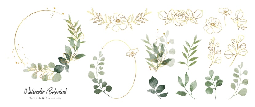Luxury botanical gold wedding frame elements collection. Set of circle, glitters, leaf branches, flower, eucalyptus. Elegant foliage design for wedding, card, invitation, greeting. vector