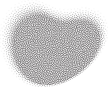 Abstract halftone shape with fluid gradient dots. Liquid stipple grunge stain with gradation. Grainy random shading element. png