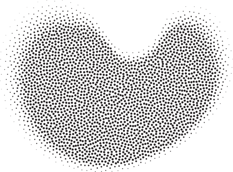 Abstract halftone shape with fluid gradient dots. Liquid stipple grunge stain with gradation. Grainy random shading element. png