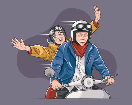 Age diversity. Senior couple riding a classic scooter vector illustration pro download