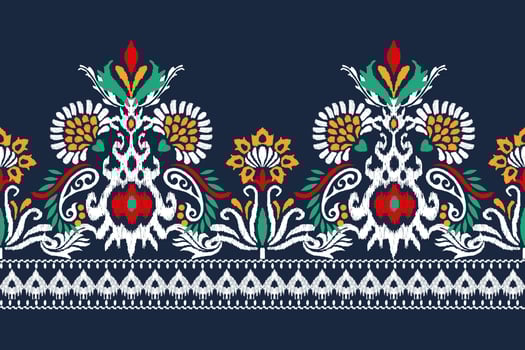 Ikat floral paisley embroidery on navy blue background.Ikat ethnic oriental pattern traditional.Aztec style abstract vector illustration.design for texture,fabric,clothing,wrapping,decoration,sarong.