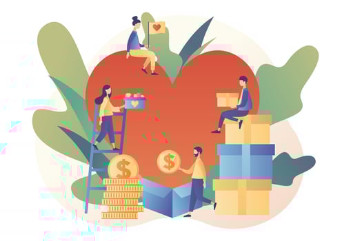 Donation and volunteers work concept. Tiny people with big heart. Modern flat cartoon style. Vector illustration