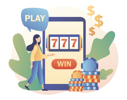 Internet Casino and Gambling Concept. Tiny girl gaming online games on smartphone. People play online Slot Machine. Modern flat cartoon style. Vector illustration