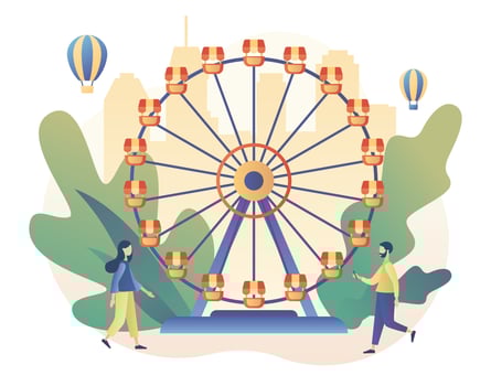 Amusement park concept. Tiny people with carousels, roller coaster, air balloon, circus, fun fair and carnival. Modern flat cartoon style. Vector illustration