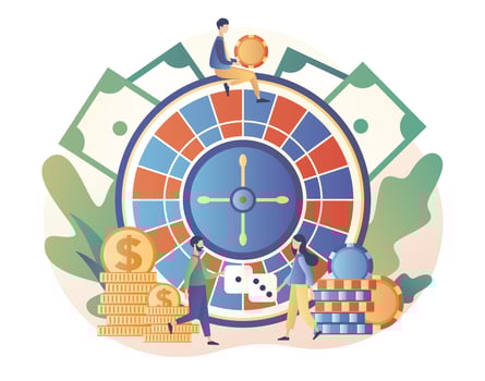Casino and Gambling Concept. Tiny people gaming gambling games. People play Roulette. Modern flat cartoon style. Vector illustration
