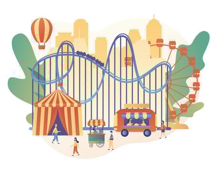 Amusement park concept. Tiny people with carousels, roller coaster, air balloon, circus, fun fair and carnival. Modern flat cartoon style. Vector illustration