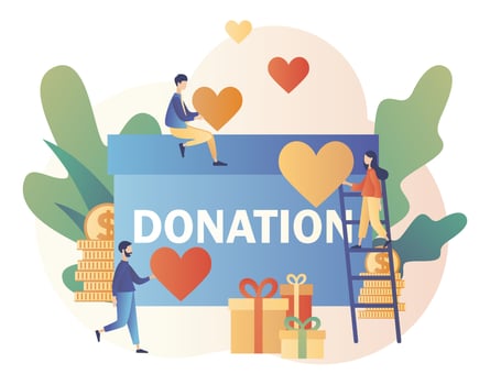 Donation and volunteers work concept. Tiny people help charity and sharing hope. Modern flat cartoon style. Vector illustration