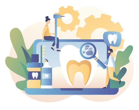 Dental clinic concept. Stomatology and orthodontics medical center. Dental care. Teeth treatment, protect and cleaning teeth. Modern flat cartoon style. Vector illustration