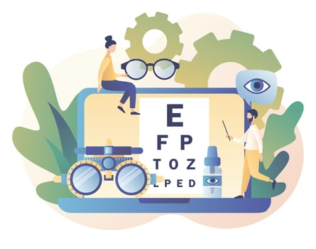 Ophthalmology concept. Eye check up. Ophthalmologist checks patient sight. Modern flat cartoon style. Vector illustration