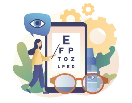 Ophthalmology concept. Eye check up. Ophthalmologist checks patient sight. Modern flat cartoon style. Vector illustration