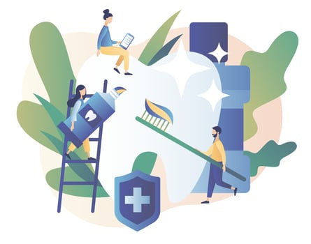 Dental clinic concept. Stomatology and orthodontics medical center. Dental care. Teeth treatment, protect and cleaning teeth. Modern flat cartoon style. Vector illustration