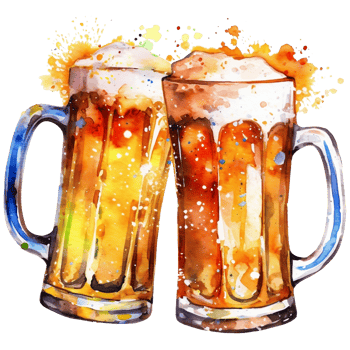 Two mugs of beer with watercolor splashes illustration png