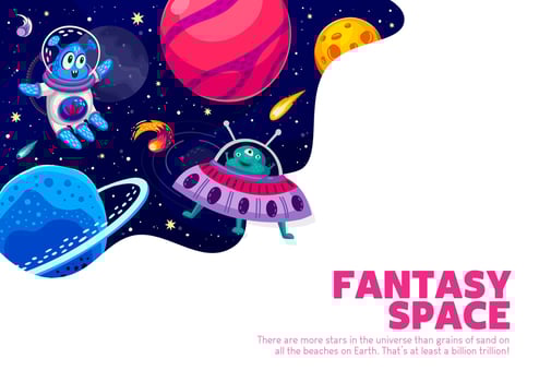 Space poster with cartoon UFO saucer and alien vector