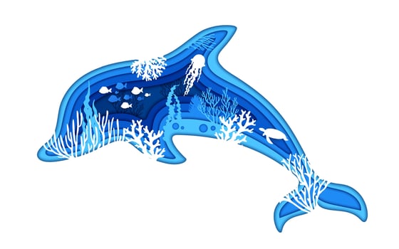 Sea dolphin silhouette and underwater paper cut vector