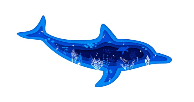 Dolphin and sea paper cut underwater landscape, vector