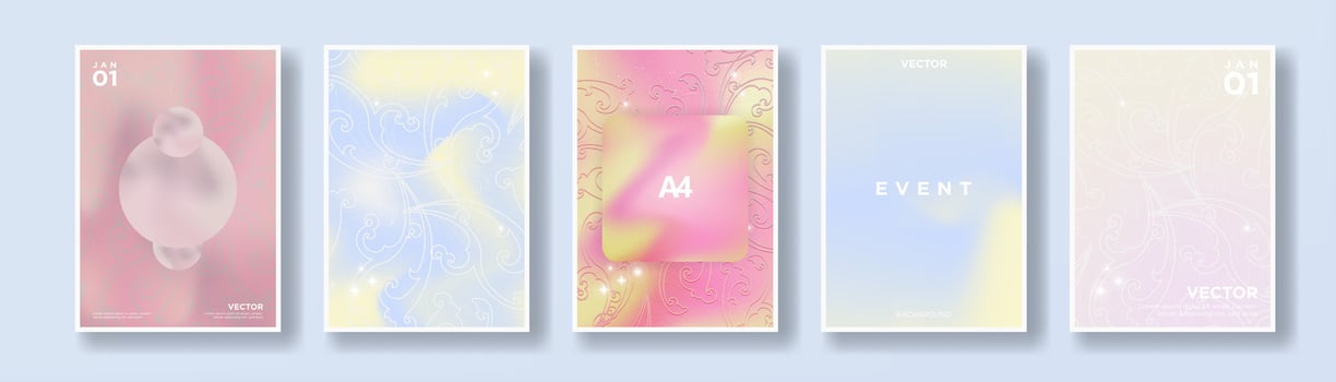 Beautiful Pink and Yellow Pastel Gradient Poster Templates with florid patterns. Swirling floral florid design element on pastel designs. Colorful pastel posters. Vector Illustration. EPS 10.