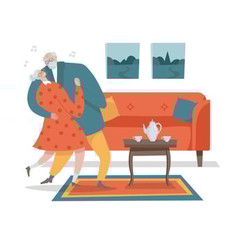 Happy senior couple dancing at home in vintage cozy interior of liveing room. Flat hand drawn vector Illustration