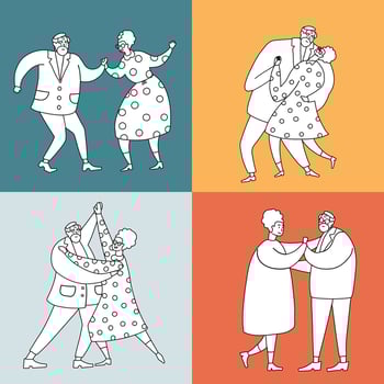 Elderly dancers set. Retro black and white old people have fun. Active pensioners concept. Vintage black linear silhouettes of dancers. Silhouette of a couple dancing. Doodle vector illustration