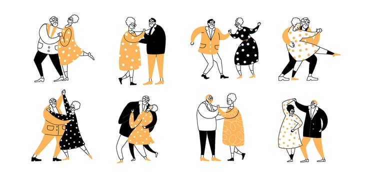 Set of doodle senior couple lovers enjoy time together, dancing, embracing, holding hands. Elder Valentine's day concept. Cute old characters dance. Simple hand drawn line and flat vector illustration