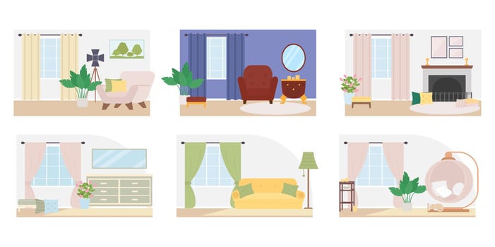 Contemporary home decor flat color vector illustration set. Living room and home office