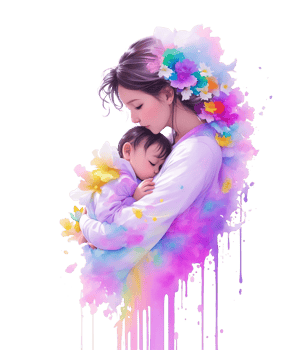 Colorful Mother hugging baby with flowers and watercolors splashing, Mother Day concept. png