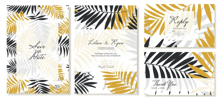 Wedding invitation with thank you cards and rsvp. Summer themes, palm leaves, tropical style. Vector template.