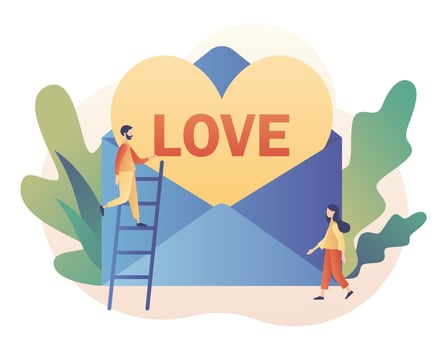 In love. Tiny people with big love letter. Heart in large envelopes. Valentine day consept. Modern flat cartoon style. Vector illustration on white background