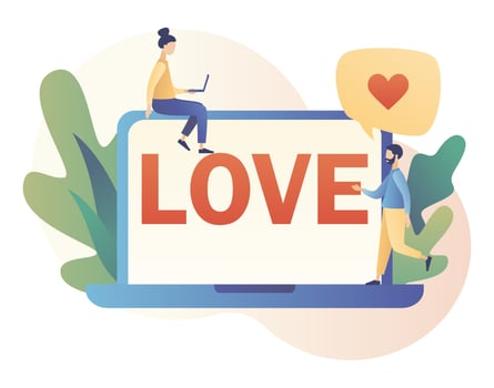 In love. Tiny people with heart, and big LOVE inscription. Valentine day consept. Modern flat cartoon style. Vector illustration on white background