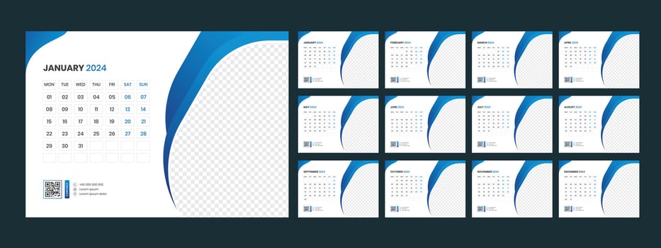 Calendar 2024 planner corporate template design set. Week starts on Monday. template for annual calendar 2024 vector