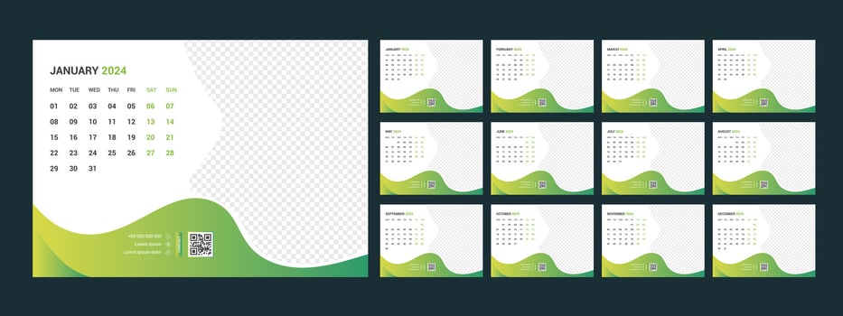Calendar 2024 planner corporate template design set. Week starts on Monday. template for annual calendar 2024 vector