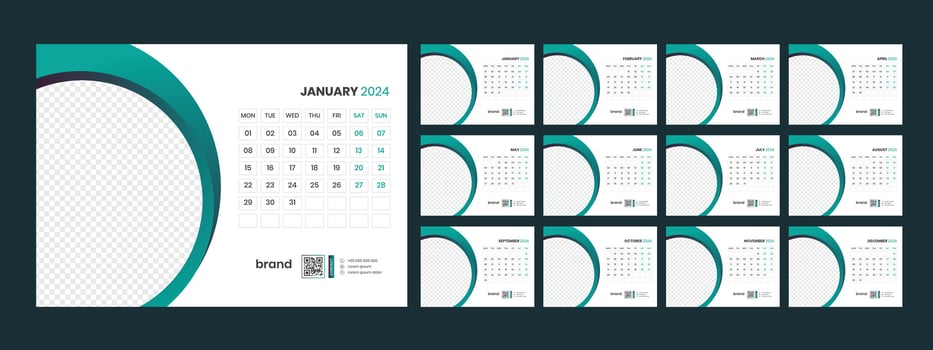 Calendar 2024 planner corporate template design set. Week starts on Monday. template for annual calendar 2024 vector