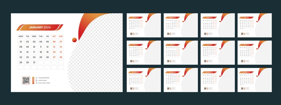 Calendar 2024 planner corporate template design set. Week starts on Monday. template for annual calendar 2024 vector