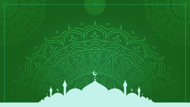 Simple green Islamic background design with mosque silhouette and mandala ornaments vector