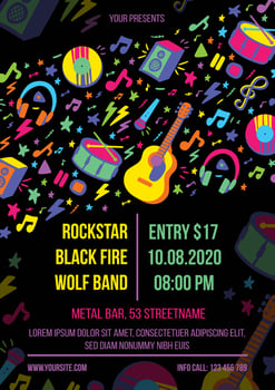 Musical instrumental concert poster with rock and classic musical instruments. Template for printing, announcement poster for inviting guests to celebration of holiday, live carnival. Vector