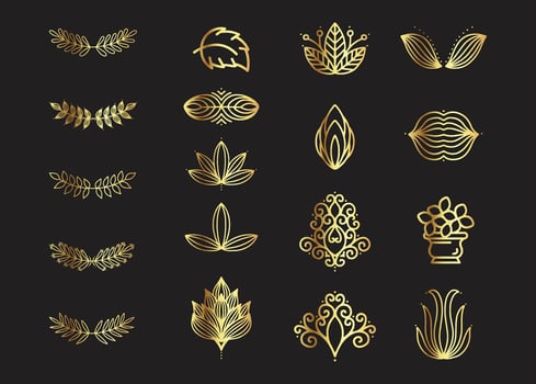 Flowers and leaves vector element  luxury gold color line art bundle