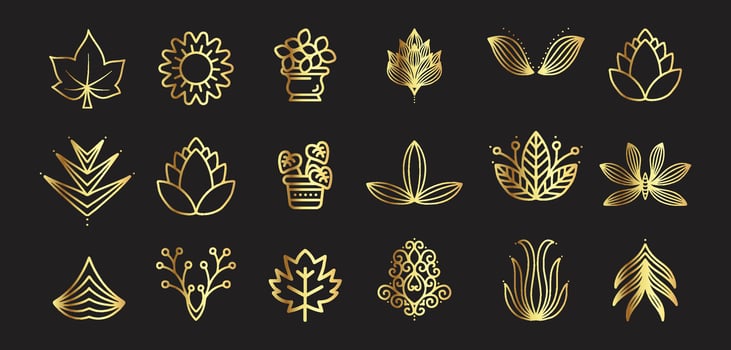Leaves and flowers vector element luxury gold color line art bundle