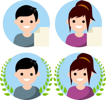 Set of avatars of man and woman in circle. New file icon. Guy and girl. Social network elements and applications. Happy face of character. Cartoon flat illustration. Green Laurel wreath of winner vector