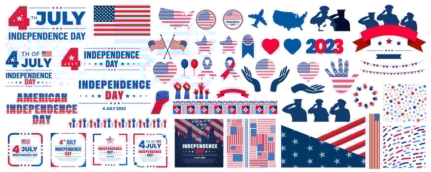 A big set of America and 4th of July and Independence Day elements. USA flag, social media post banner bundle, typography, pattern background, balloons, and many more illustrations in one big bundle. vector