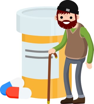 Old man with cane. Medical care. Cartoon flat illustration. Pill and drug is packaged for senior. Treating illness. Grandfather and tablets vector