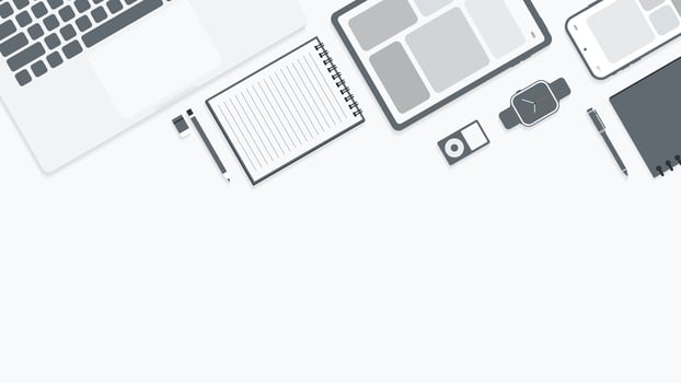 Cover and banner of working desk with gadget. Top view of table working and free space for text with computer, laptop, notebook, coffee cup, phone and paper. vector