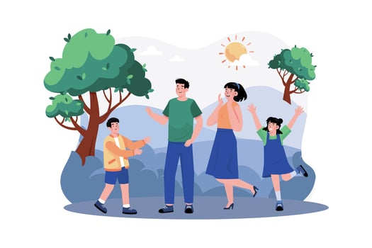 A family goes for a morning hike in the mountains. vector