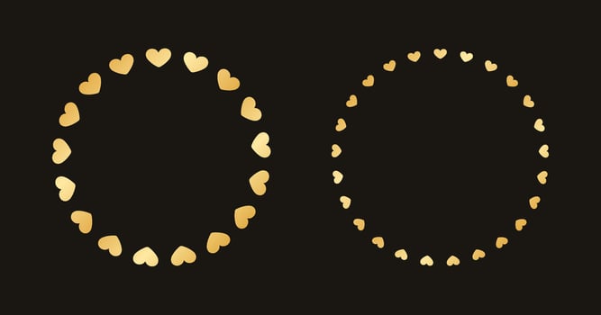 Golden round frame made with heart pattern. Gold Valentines Day Border Template, elegant wedding invitation card vector illustration