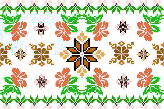 Floral Cross Stitch Embroidery on white background.geometric ethnic oriental seamless pattern traditional.Aztec style abstract vector illustration.design for texture,fabric,clothing,wrapping,sarong.