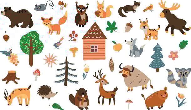 Set of forest animals. Drawn style. White background, isolate. Vector illustration.
