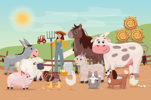 Beautiful farmland illustration with a woman and animals. vector