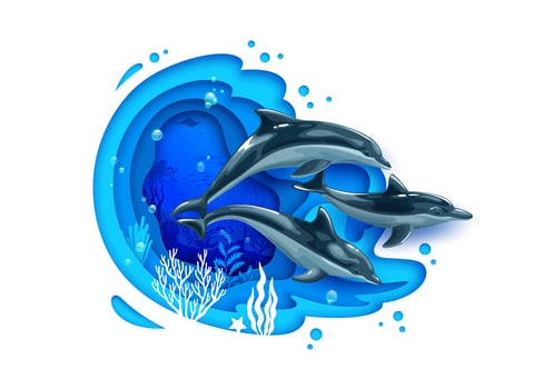 Cartoon dolphins and sea paper cut landscape vector